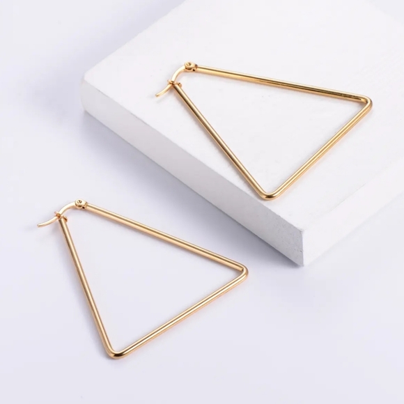 New 18K Gold Plated Stainless Steel Triangle Geometric Hoop Drop Earrings - Picture 3 of 7